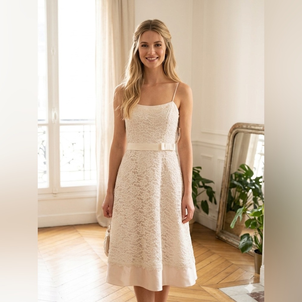 Betsy & Adam Ivory Lace Midi Dress with Bow Waist